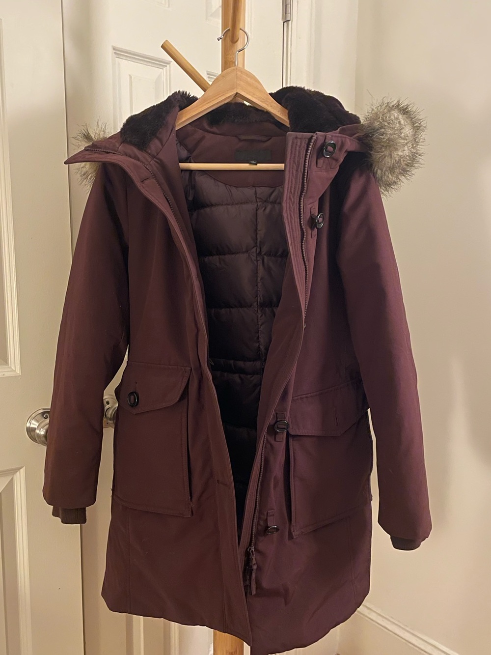 Uniqlo Burgundy Faux-Fur Hooded Puffer Parka